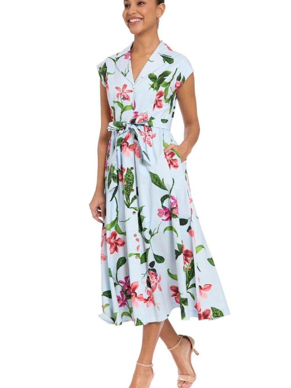 NWT London Times Rosemary Cotton Belted Shirt Dress – Sky Blue / Sunkist Coral - Picture 3 of 5